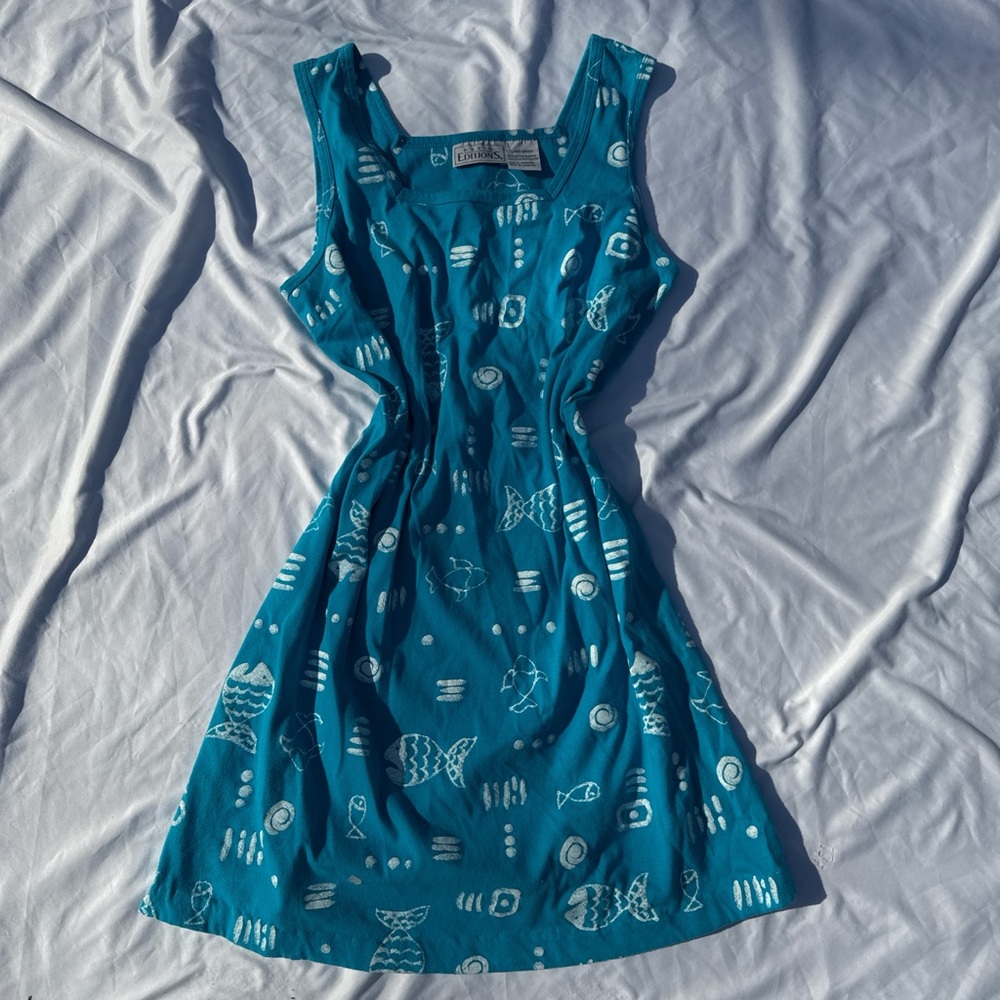 Basic Editions Teal Fish Print Mini Dress